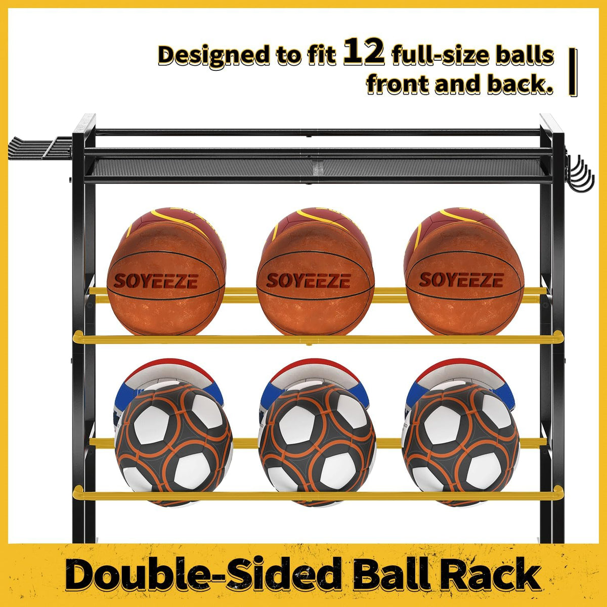 SOYEEZE Sports Equipment Organizer - 4-Tier Ball Storage Rack for Garage & Outdoor Toys | Mobile Cart with Hooks