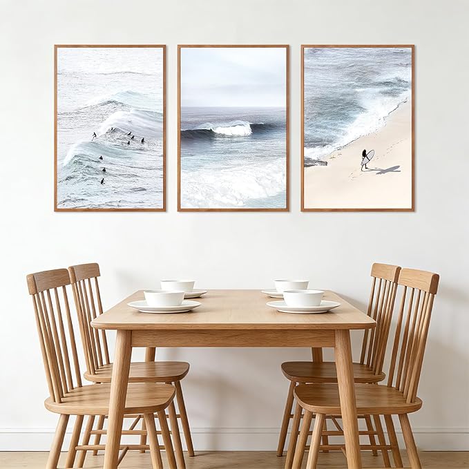 CHDITB Surfing Framed Canvas Wall Art, Seaside Ocean Surf Wall Decor, Modern Beach Surfboard Artwork, Summer Tropical Sea Painting for Beachy Bedroom Dining Room Surfer Room Decoration 24"x36"X3
