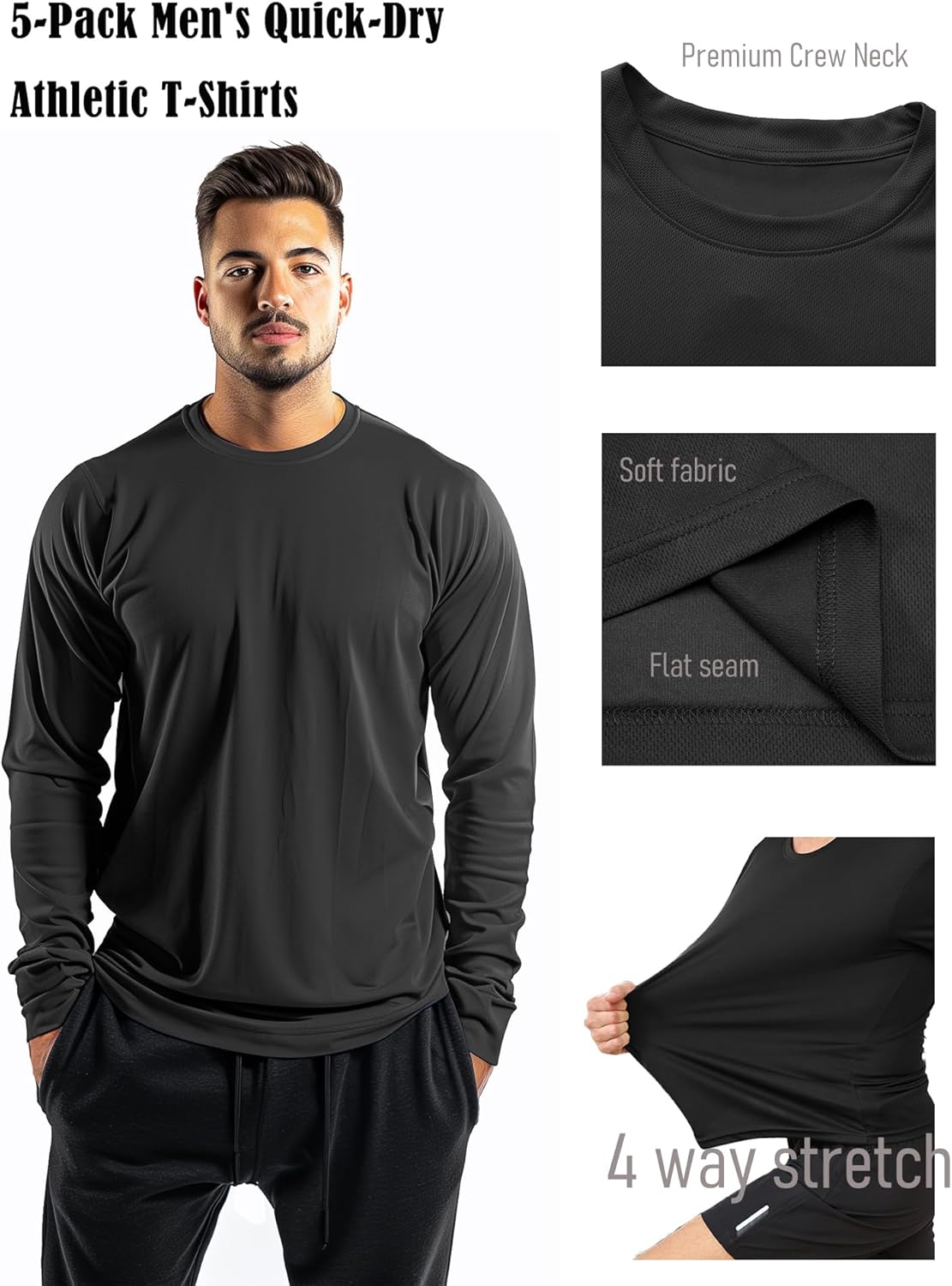 Skiennix Men's Long Sleeve Athletic Shirts - Quick Dry, Moisture-Wicking | 5-Pack for Gym & Running
