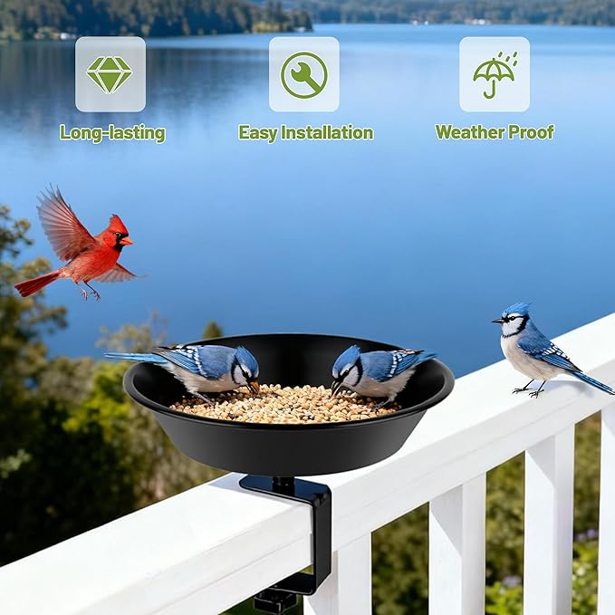 Balcony Bird Feeder for Deck Railing, BOLITE Deck Mounted with Seed Tray for Outdoors, Adjustable Heavy Duty Sturdy Steel, Garden Decoration, Black, Gifts for Men Women