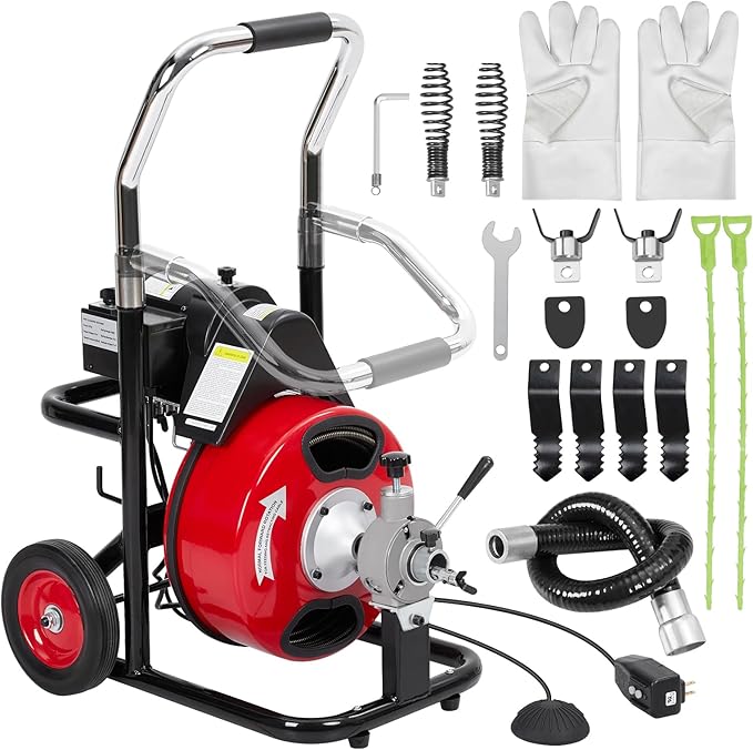 Garvee K-300ZF 3/8 in 100 ft 1 Red & Black Electric Drain Cleaner Machine - Automatic Auger for 1 to 4 in Pipes, Portable Design, 4 Cutters, Foot Switch Control, and Includes Gloves.