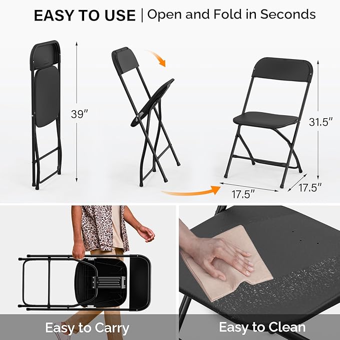 VINGLI 1 Pack Black Plastic Folding Chair, Indoor Outdoor Portable Stackable Commercial Seat with Steel Frame 350lb. Capacity for Events Office Wedding Party Picnic Kitchen Dining