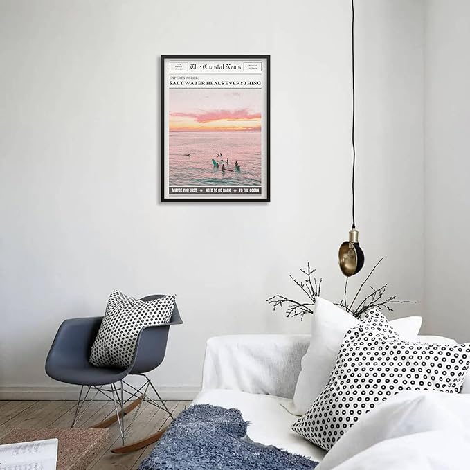 Pink Beach Newspaper Posters Vintage Fashion Coastal Girl Surf Wall Art 16X24