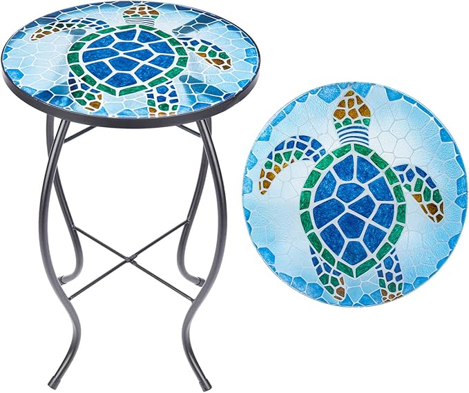 VCUTEKA Patio Side Table Outdoor Accent Table Bistro Coffee Table Plant End Table Small Porch Table Indoor Round Glass Balcony Plant Table Stands Sea Turtle 12''