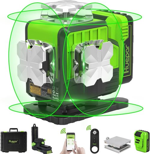 Huepar 4D Green Cross Line Laser Level - Self-Leveling 16 Lines with Bluetooth & Remote Control | 12V Battery
