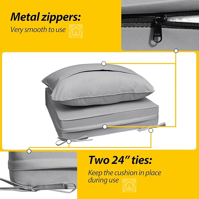AAAAAcessories Outdoor Seat Cushions for Chairs, Fade-Resistant, Waterproof Patio Furniture Replacement Cushions, 24" x 24" x 5" + 24" x 19", Gray