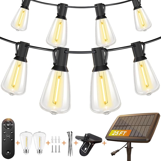 BLIATLUS 25FT Solar String Lights Outdoor Waterproof with Remote Control 8+2 Shatterproof LED ST38 Bulbs for Porch Garden Market Bistro Patio Backyard Fence