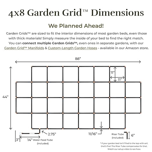 Garden Grid Watering System, 4x8 Cornerless | Garden Irrigation System for Garden Beds | Pre-Assembled, Waters Every Plant, USA-Made | Ideal for Beds w/Corner Posts or Curved Ends | 44"x88"