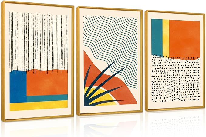 CHDITB Large Framed Boho Canvas Wall Art Set, Mid Century Modern Wall Decor, Bohemian Geometric Line Painting, Colorful Art Print for Living Room, Bedroom, Dinning Room, Office, Bathroom - 16"x24"x3