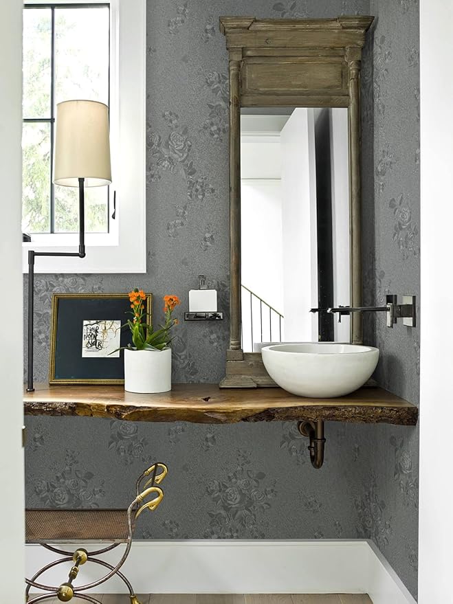 Erfoni 394"x17.7" Grey Floral Embossed Wallpaper