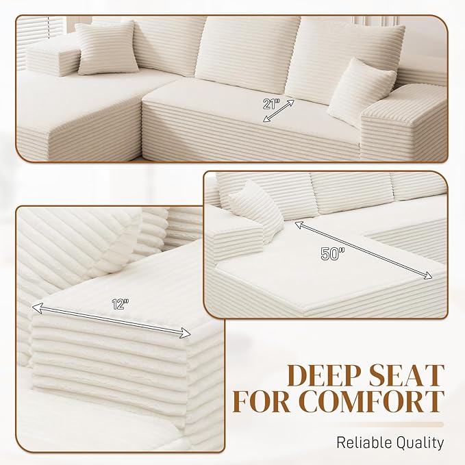 108" L Shaped Boneless Sectional Couches for Living Room, Comfy Corduroy Floor Cloud Sofa with Chaise, Wide Armrest, Deep Seat, Memory Foam, Assembly Free, Ideal for Small Spaces, White