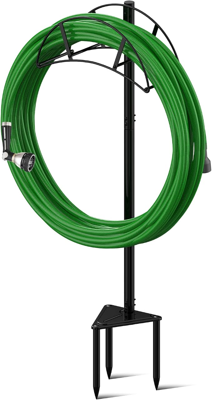 Meykwod Garden Hose Stand/Hanger Freestanding, Heavy Duty In-Ground Hose Rack Organizer for Outside Yard, Sturdy to Hold 150ft (Metal, Black)