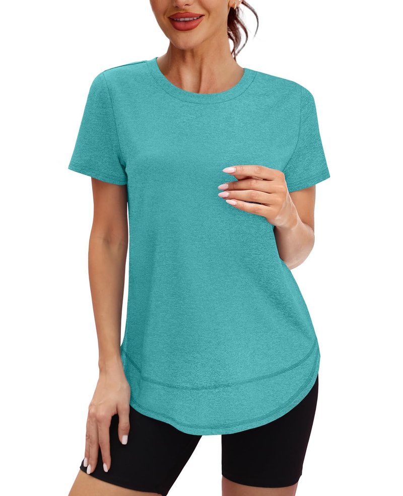 Short Sleeve Shirts for Women Workout Yoga Tops Sun Protection Clothing Summer Outfits Rash Guard Side Slit Teal XL