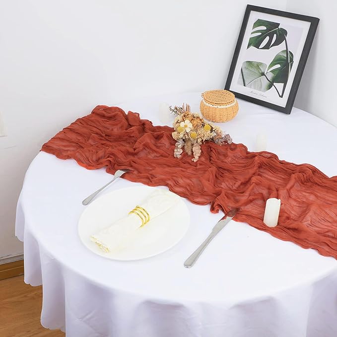 Snowkingdom 6PCS 10Ft Terracotta Cheesecloth Table Runner Bulk, 120inch Long Rust Cheese Cloth Boho Gauze Runner for Wedding Bridal Shower Rustic Sheer Fall Thanksgiving Table Decorations