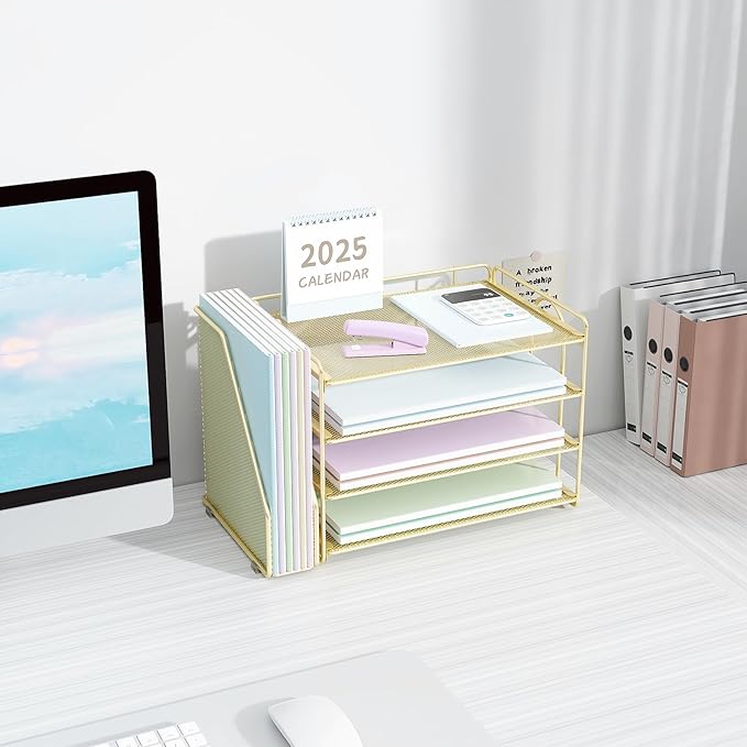 Spacrea Desk Organizers and Accessories, Paper Organizer for Desk with File organizer, Desk Accessories & Workspace Organizers for Office Supplies (Gold)