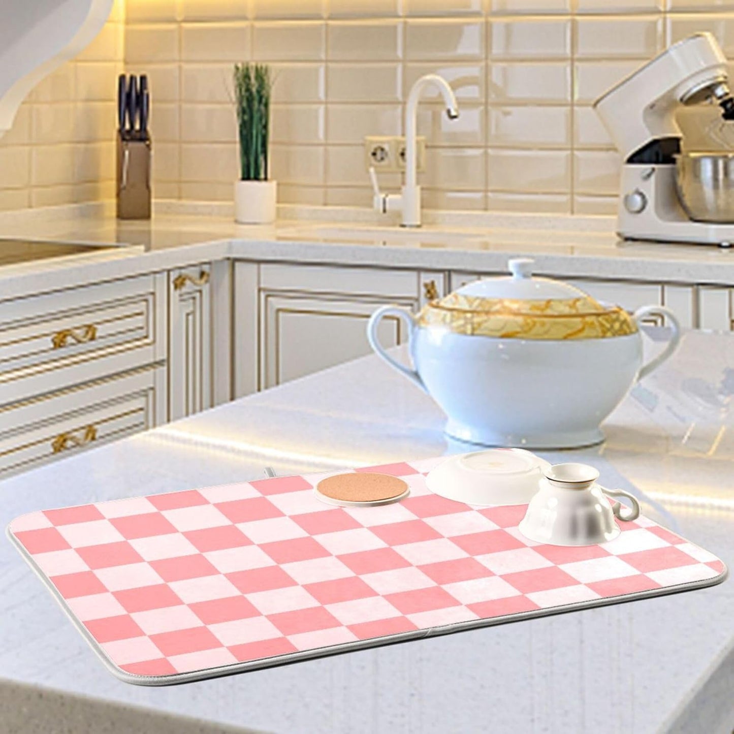 Buffalo Plaid Pink Dish Drying Mat for Kitchen Countertop 16x18 Chessboard Rectangle Small Drying Mat Reusable Quick Dry Dish Sink Absorbent Mats Dishwasher Easy Clean Decorative Home Essentials