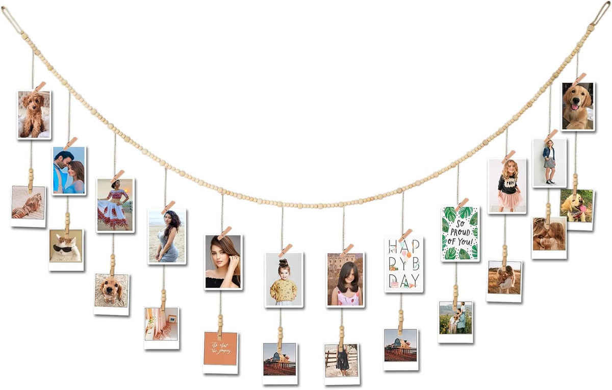 6 Feet Wooden Beads Garland with Clothespins Picture Cards Holder - Country Farmhouse Christmas Nursery Boho Holiday Decorations with Clips