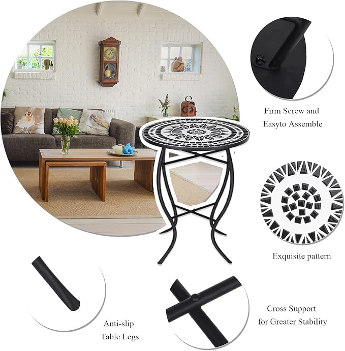 VCUTEKA Mosaic Outdoor Side Table, 14" Round Small Patio Accent Table Indoor End Table for Yard, Garden, Living Room, Bistro Balcony or Lawn Black