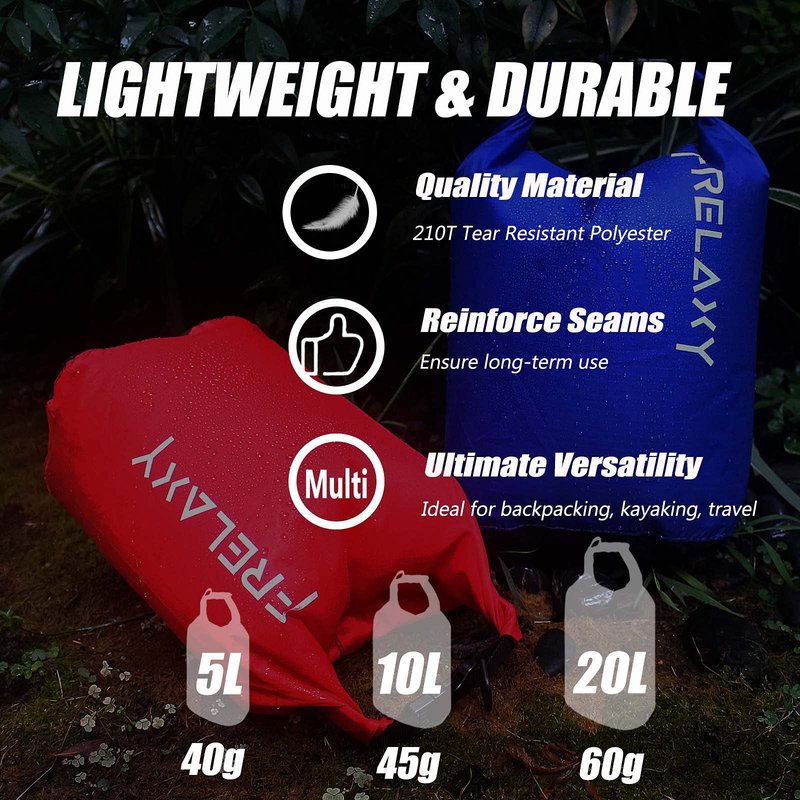 Frelaxy Dry Bag 3-Pack/5-Pack, Ultralight Dry Sack, Outdoor Bags Keep Gear Dry for Hiking, Backpacking, Kayaking, Camping, Swimming, Boating