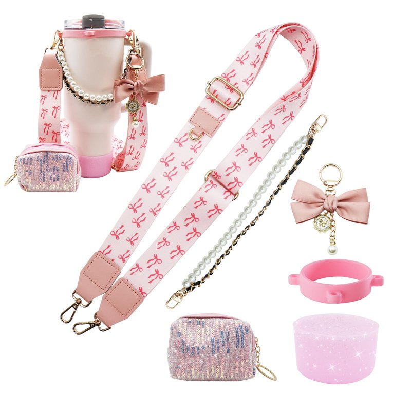 Removable Water Bottle Shoulder Strap Set for Stanley Cup 40/30/20 OZ，Including Pearl Water Handle Strap、Cup Holder Shoulder Strap、Bow keychain、Cup Ring、silicone boots、Sparkling packet（Bow pink）