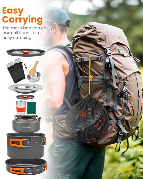 Fitense 22Pcs Camping Cookware Mess Kit for 2, Lightweight Camping Kitchen Pots and Pans Set, Portable Camping Essentials for Backpacking, Camping Cooking Hiking and Picnic