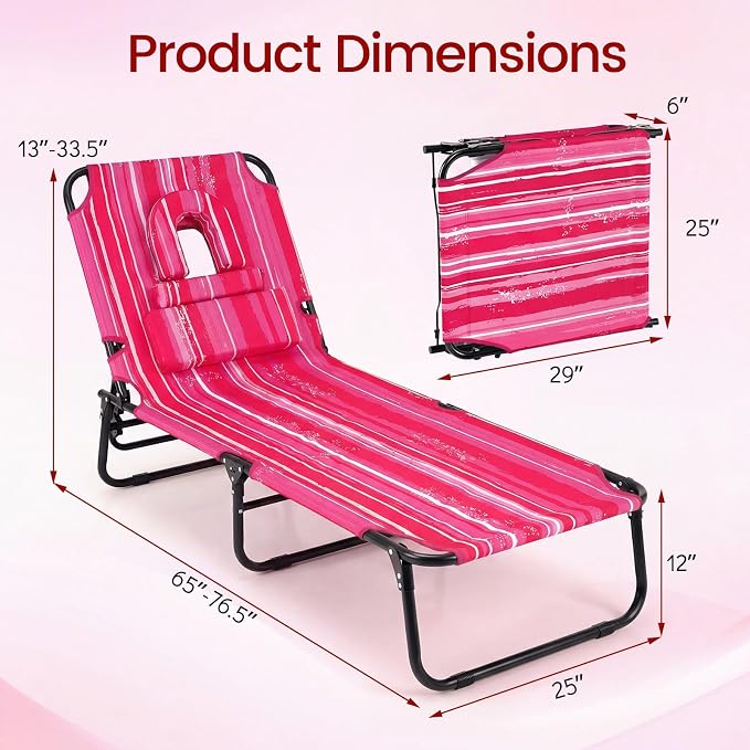 Giantex Tanning Chair, 350lbs Adjustable Patio Lounge Chair w/Face Hole, Removable Pillows, Carry Strap, Folding, Outdoor Chaise Lounge for Layout Beach Poolside Lawn (1, Stripe Pink)