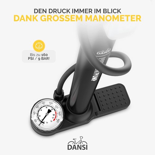 DANSI Bike Floor Pump - High Pressure 180 PSI with Gauge for Presta & Schrader Valves | Portable Multi-Purpose Air Pump