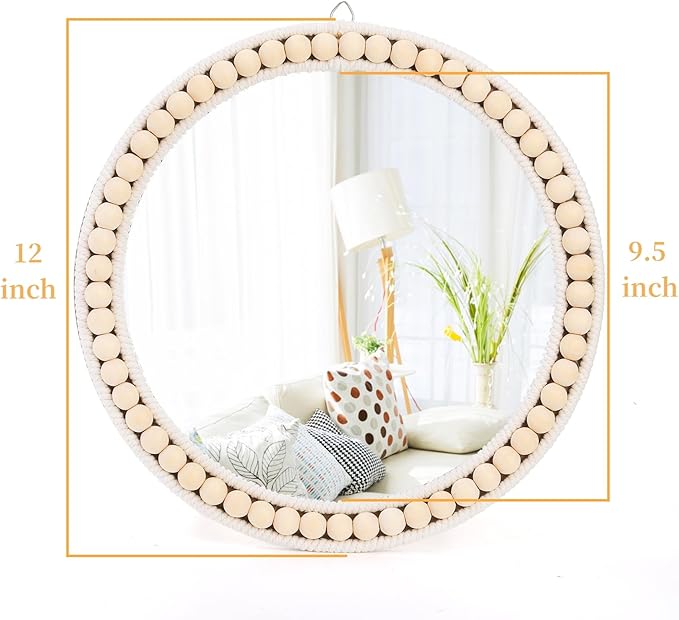 Eorbow Boho Wall Mounted Mirror, 12 Inch Round Wooden Bead Hanging Mirrors