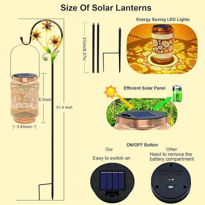 2 Pack Sunflower Solar Lanterns Outdoor Waterproof Solar Garden Decor, Birthday Gifts for Mothers Day Women Mom Grandma, Metal Hanging Lights with Shepherd Hook for Outside Yard Patio Pathway Backyard