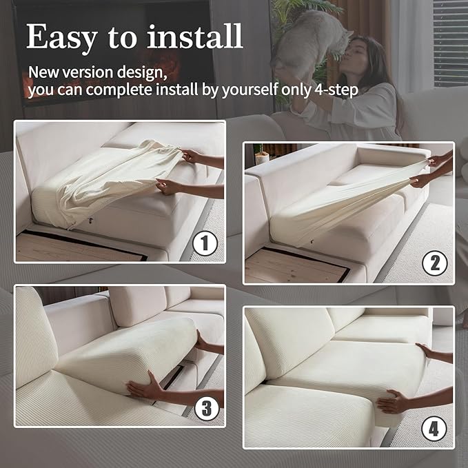 OHSIO Sectional Couch Covers, Wear Resistant Stretch Sofa Covers Washable Soft Couch Cushion Covers Anti Slip Furniture Protector Sofa Slipcovers for Pets (1 Piece Oversized Sofa Cushion, Ivory)