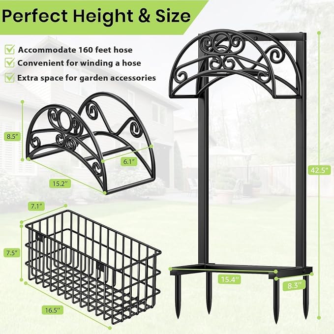TomCare Garden Hose Holder Upgraded Water Hose Holder Heavy Duty 4 Spikes Hose Hanger Holds 160 Feet Hoses Stable Freestanding Hose Storage Organizer for Outside Yard