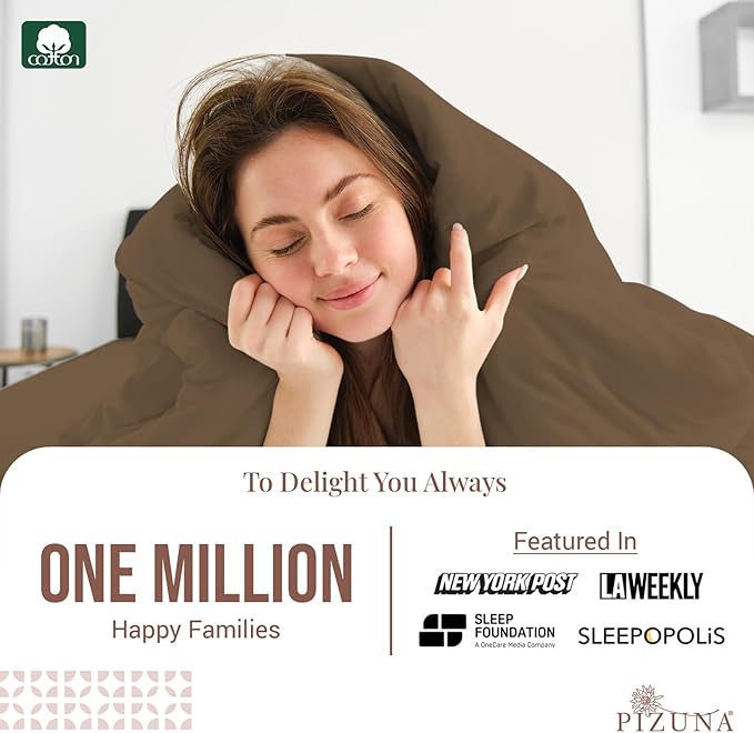 Pizuna Pure 100% Cotton Queen Duvet Cover Set, Luxurious 400 Thread Count Long Staple Cotton Sateen Weave with Button Closure (Combed Woody Brown Cotton Duvet Cover Queen)
