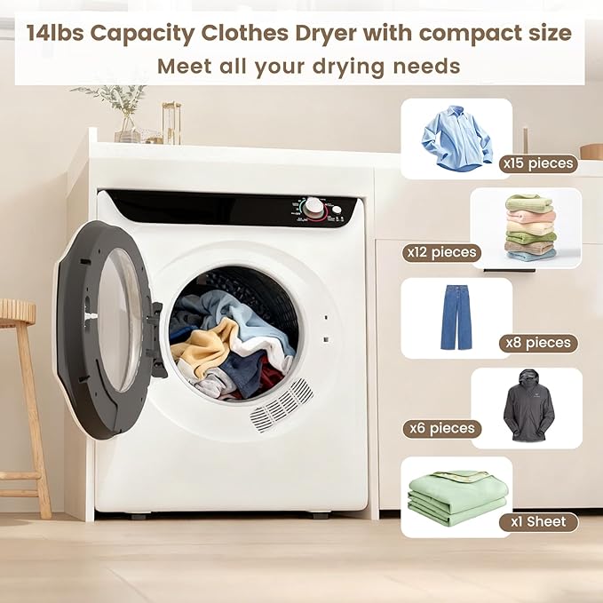 VCJ 2.6 cu.ft Portable Dryer, 1400W Electric Clothes Dryer with 5 Drying Modes & Stainless Steel Tub, Front Load Compact Dryer for Home, Apartment, Dorms