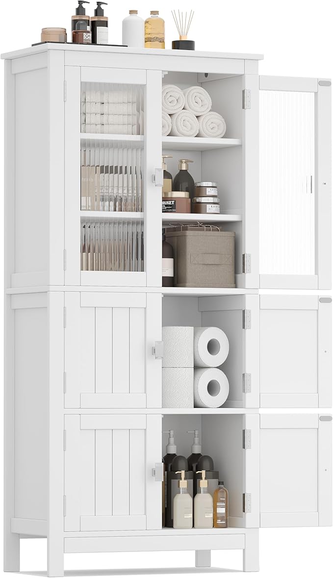 53.1" H Tall Bathroom Storage Cabinet, Bathroom Floor Cabinet with 6 Doors and Adjustable Shlef, Linen Cabinet, Pantry Cabinet for Living Room, Kitchen, Entryway, White