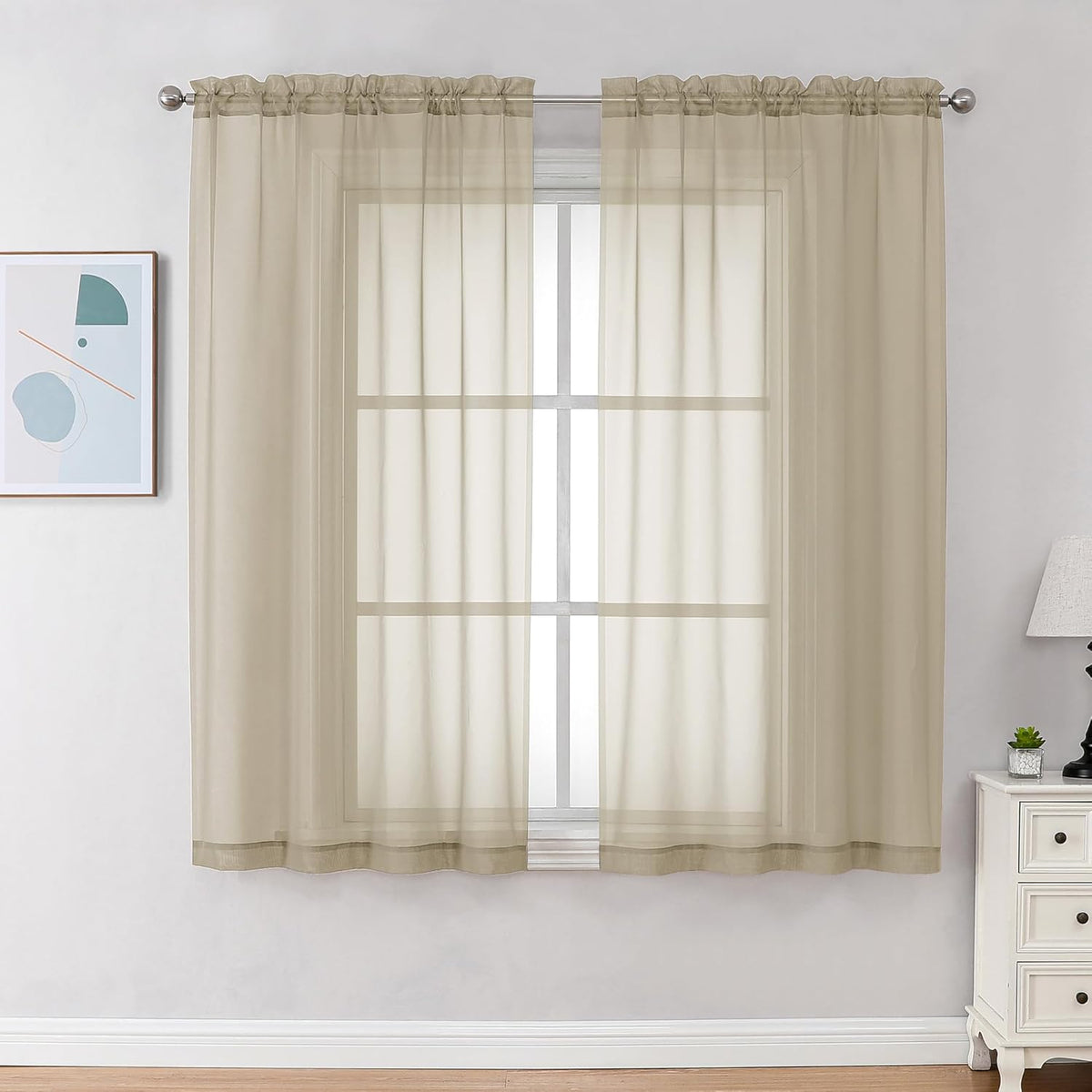 Chyhomenyc Taupe Sheer Curtains 45 Inch Long 2 Panels, Light Filtering Rod Pocket Voile Short Curtains Drapes for Living Room Bedroom Small Windows, 42Wx45L Inches