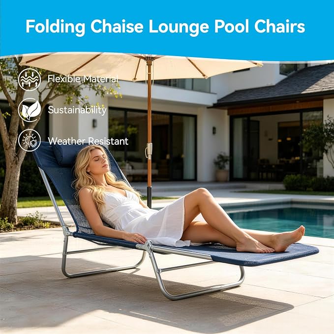Outdoor Chaise Lounge with Detachable Pillow, Reclining Folding Chair with 5-Position Adjustable Back, Portable Tanning Chair for Beach, Pool, Lawn, Breathable Mesh Seat, No Assembly