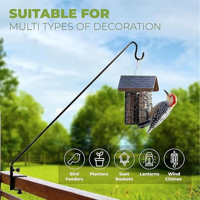 Idzo Deck Hook for Bird Feeder, 43in Deck Bird Feeder, Plant Hanger for Railing, 3in Non-Slip Clamp, 2 Packs