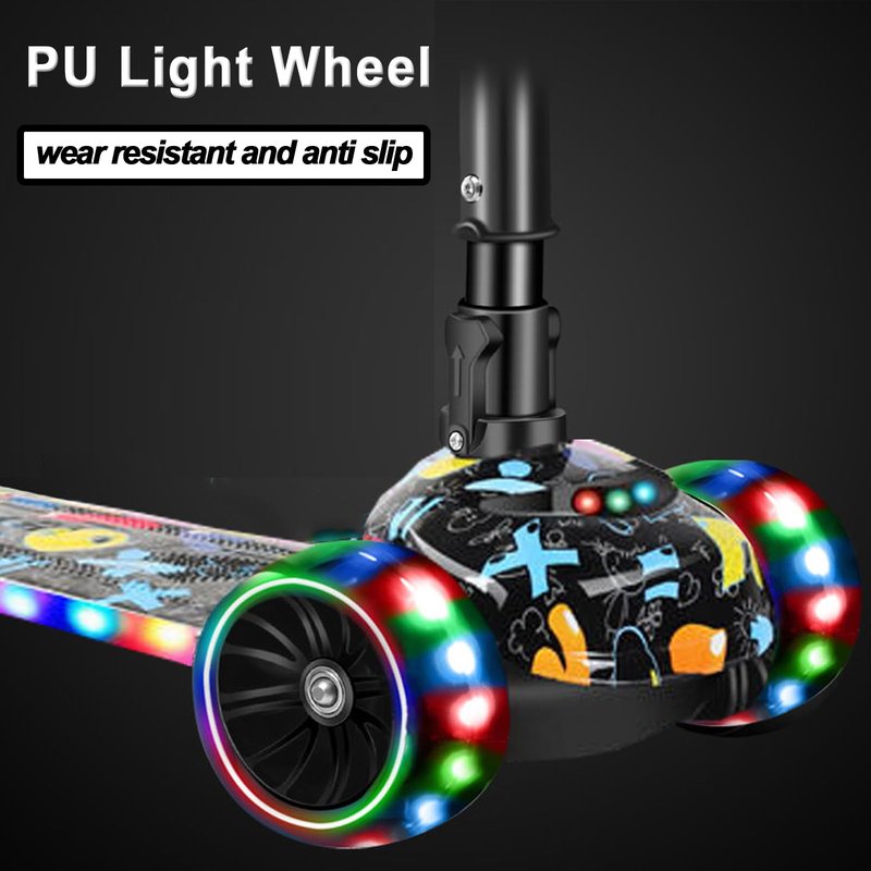 CLrkualn 2-in-1 Kick Scooter for Kids Ages 3-8, Adjustable Height Foldable Scooter Removable Seat, 3 LED Light Wheels, Outdoor Activities for Toddlers Boys Girls (Black)