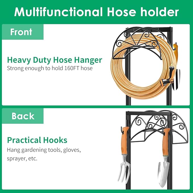 TomCare Garden Hose Holder Heavy Duty Water Hose Holder Holds 160 FT Hoses 4 Spikes Hose Reel Freestanding Hose Hanger Sturdy Hose Storage Stand for Outside Yard Lawn