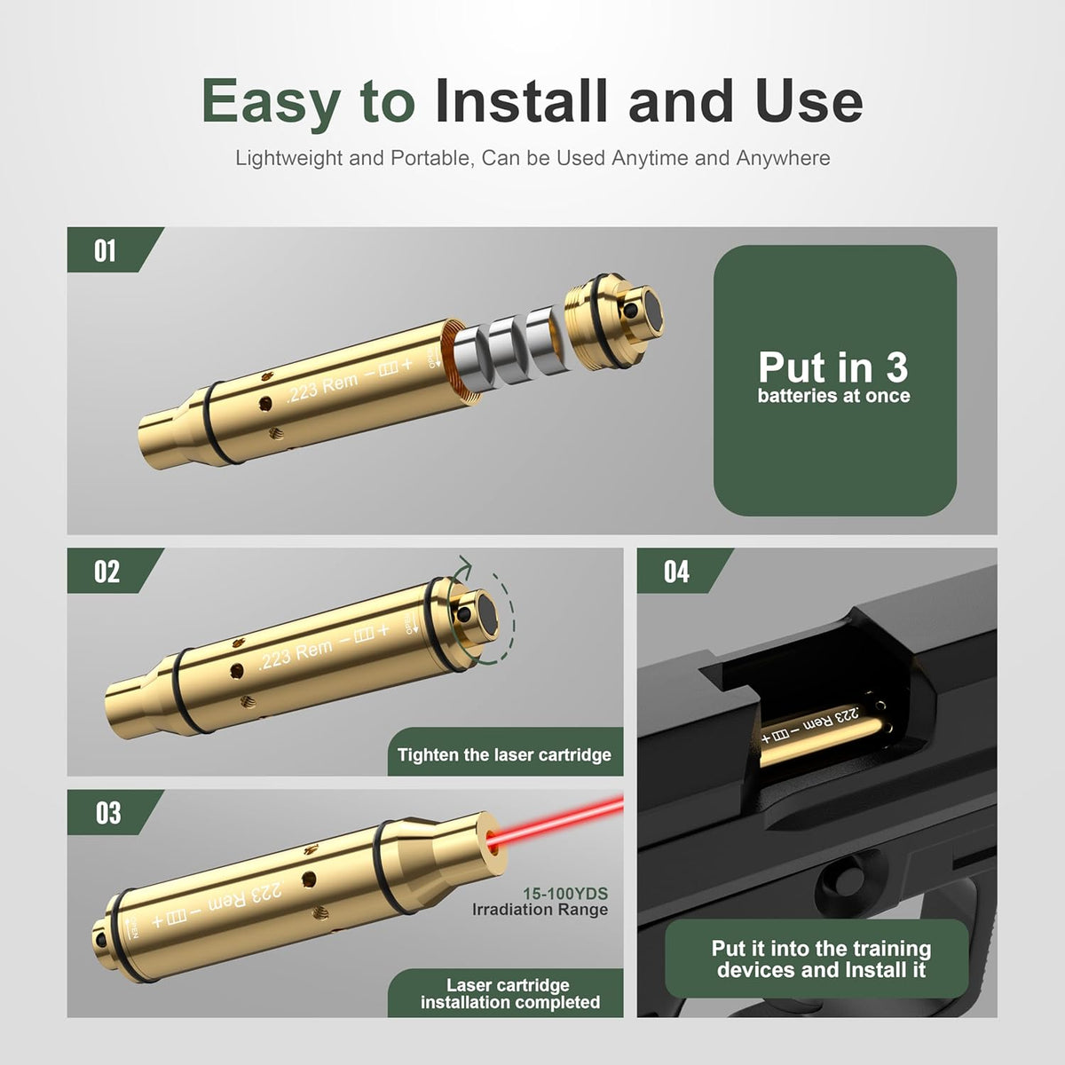 223Rem Laser Training Cartridge - Enhance Dry Fire Practice with 3 Battery Sets for Shooting Training