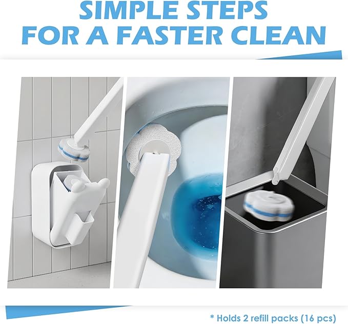 Disposable Toilet Brush Cleaning System, 2pcs Wands with 104pcs Replacement Heads,Stick for Toilet Cleaning,Wands with Refills Pads,Wall Mounted Toliet Wand for Bathroom,Toilet Brush and Holder