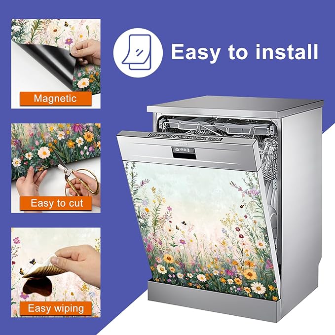 Dishwasher Magnet Cover 23x26 in Wildflower Meadow and Bees with Soft Sky Background Magnetic Dishwasher Cover for Kitchen Appliance Decoration Front Panel Sticker Panel Home Decor