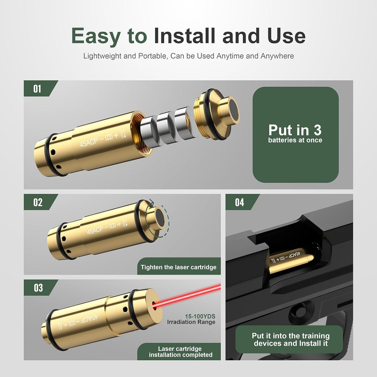 45ACP Laser Training Cartridge - Dry Fire System with Rubber Snap Cap & 3 Batteries for Shooting Practice