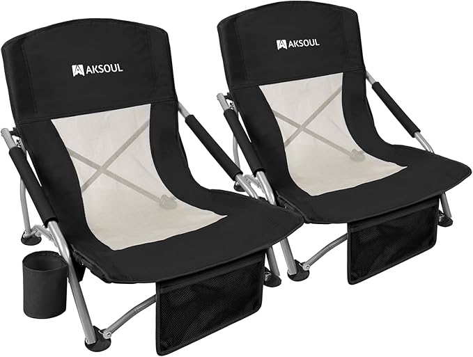 AKSOUL Folding Beach Chair for Adults: Low/High Back Chairs with Carry Bag - Extra Wide Seat Chair with Comfortable Pillow & Storage Pocket (1 Pack & 2 Pack, Blue)