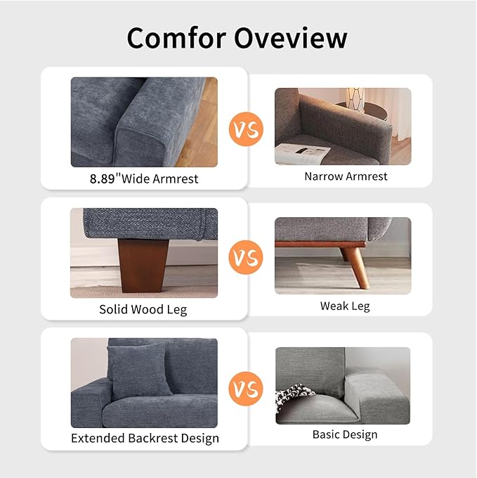 DOPEDIO Modern Loveseat Sofa for Living Room,Chenille Recliner, Removable Cover, Spring Cushions, Solid Wood Frame, Easy Assembly for Small Spaces (88.58inch，Blue)