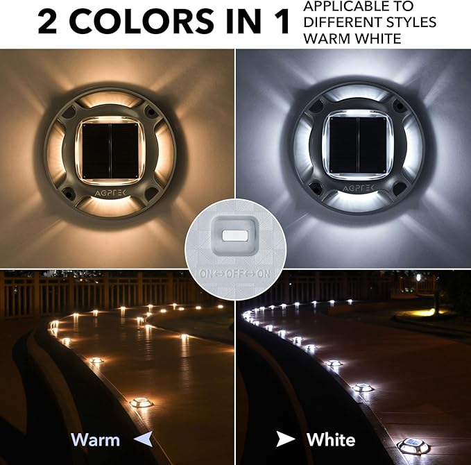 AGPTEK Solar Driveway Lights Outdoor 24 Pack, 2 Color Modes LED Deck Dock Marine Waterproof Driveway Marker Lights for Step Sidewalk Stair Garden Pathway Walkway Yard (Warm White/Cool White)
