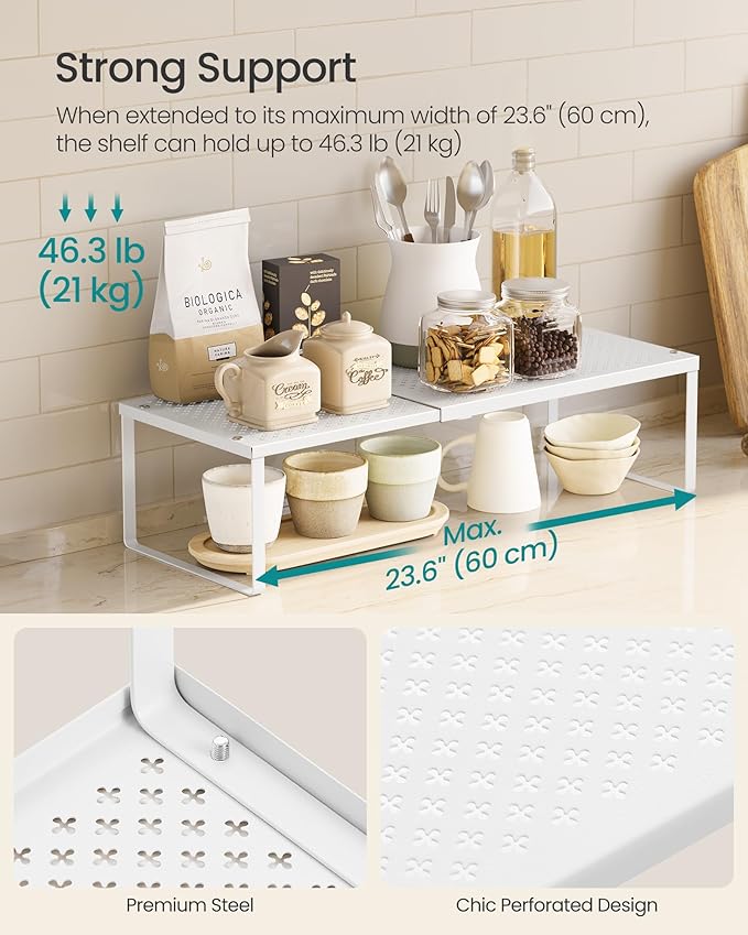 SONGMICS Spice Racks, Set of 4 Expandable Kitchen Countertop Shelves, Small Cupboard Organizers, Metal, Space-Saving Tabletop Shelves, Matte White UKCS404WC01