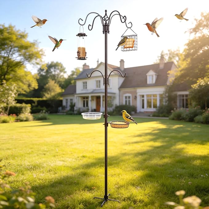 94" Bird Feeding Station Kit with Multiple Hooks, Heavy Duty Metal Bird Feeding Station with Seed Tray & Mesh Basket, Easy Assembly Ground Mounted Bird Feeder Pole for Garden Yard Outdoor
