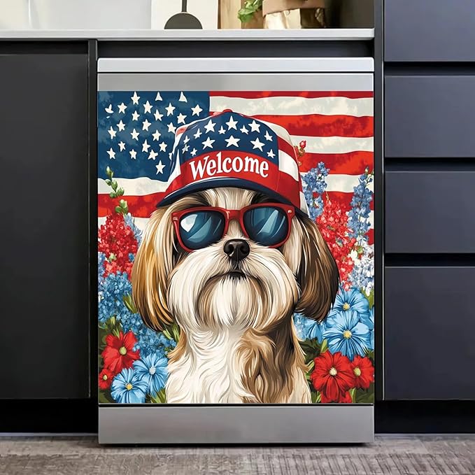 American Flag Pet Dogs Magnetic Sticker Dishwasher Cover Kitchen Decor, 23x26inch Floral Dishwasher Magnet Cover, Patriotic Dishwasher Decal, Refrigerator Panel,Magnetic Dishwasher Sticker