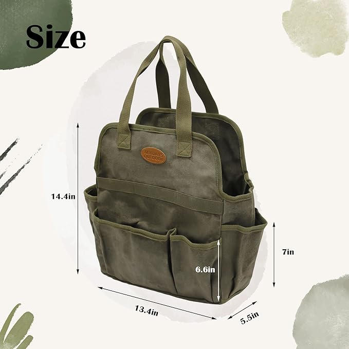 Waxed Canvas Utility Tote Bag, Large Capacity Multi-Pocket Garden Tool Bag, Heavy Duty Waterproof Work Tote for Camping, Gardening, Organizer Storage Bag for Men Women, Army Green